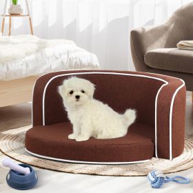 35" Brown Pet Sofa with Wooden Structure and Linen Goods White Roller Lines on the Edges Curved Appearance pet Sofa with Cushion