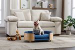 Scandinavian style Elevated Dog Bed Pet Sofa With Solid Wood legs and Bent Wood Back, Velvet Cushion,Mid Size,Dark Blue