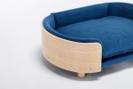 Scandinavian style Elevated Dog Bed Pet Sofa With Solid Wood legs and Bent Wood Back, Velvet Cushion,Mid Size,Dark Blue