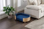 Scandinavian style Elevated Dog Bed Pet Sofa With Solid Wood legs and Bent Wood Back, Velvet Cushion,Mid Size,Dark Blue