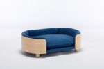 Scandinavian style Elevated Dog Bed Pet Sofa With Solid Wood legs and Bent Wood Back, Velvet Cushion,Mid Size,Dark Blue